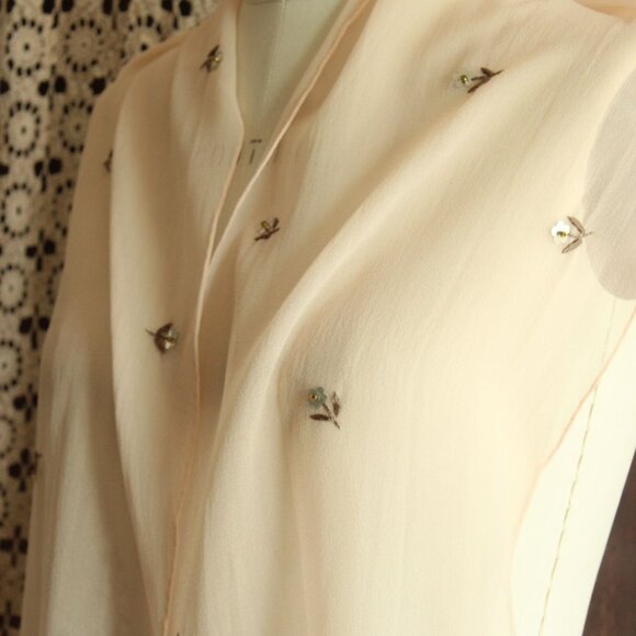 Echo Womens Scarf, Pink Silk Chiffon with Embroidered and Sequin Flowers - Picture 7 of 14